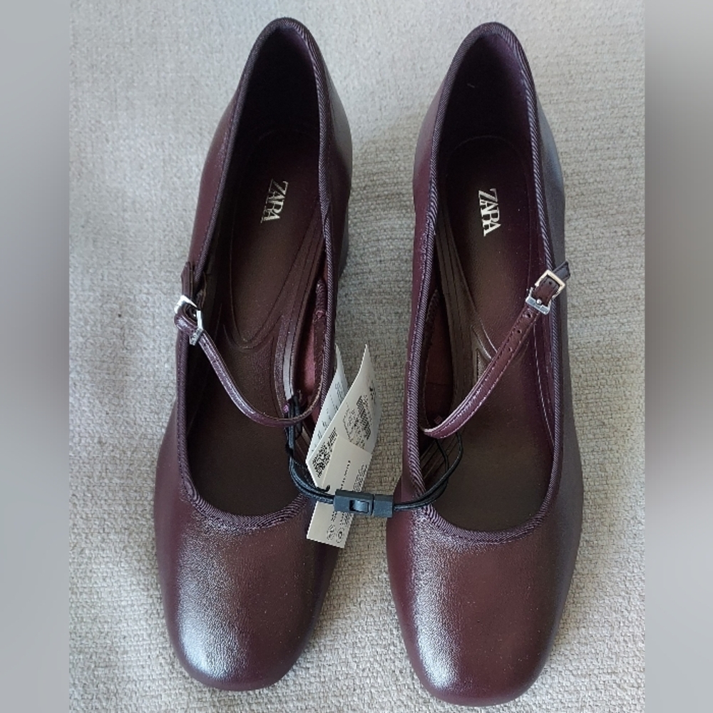 Zara Burgundy Mary Jane Block Heel Pumps - Picture 8 of 11